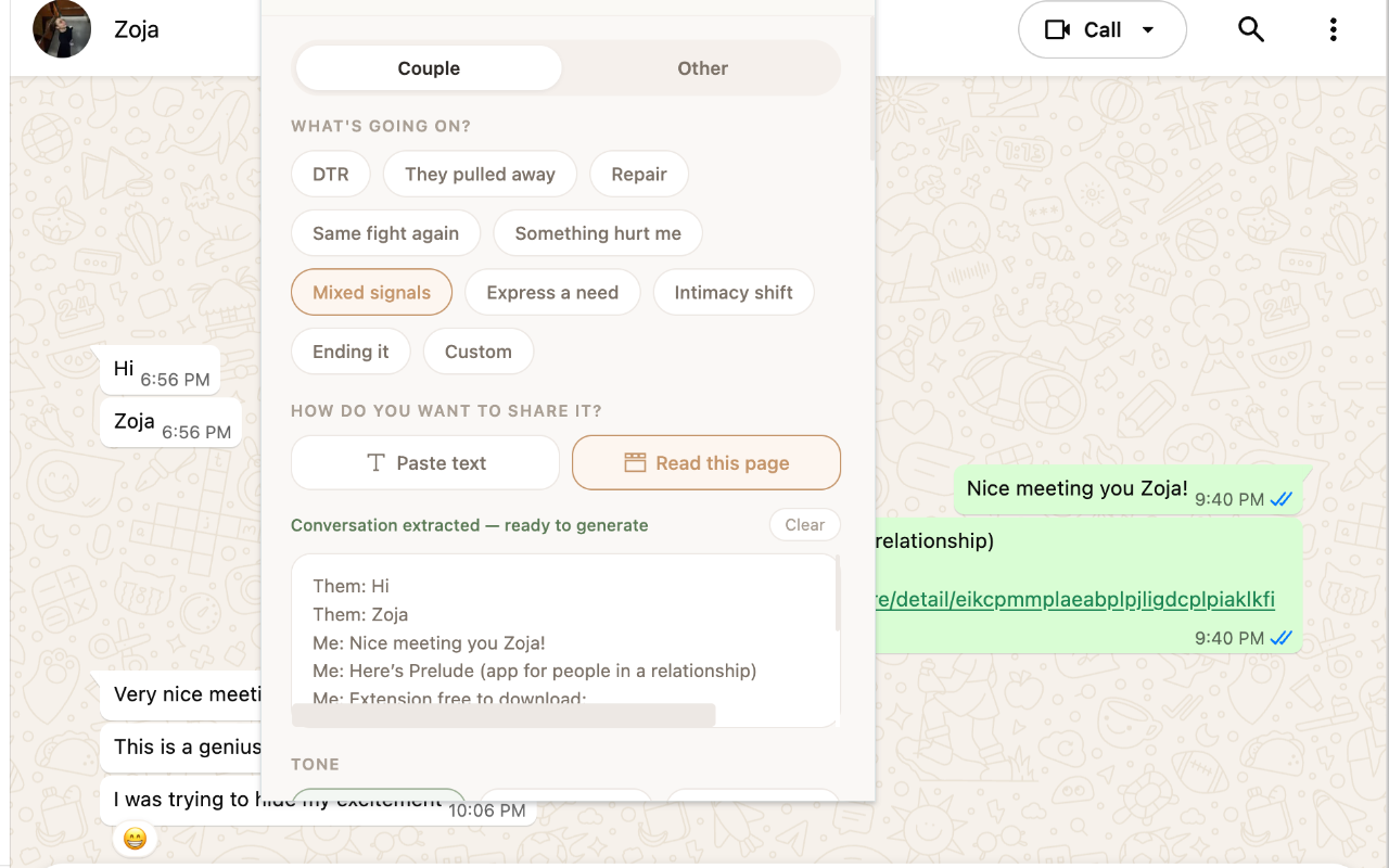 Prelude extension over a WhatsApp Web conversation